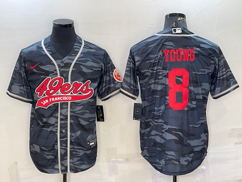 Men's San Francisco 49ers #8 Steve Young Grey Red Camo With Patch Cool Base Stitched Baseball Jersey Men's San Francisco 49ers #8 Steve Young Grey Red Camo With Patch Cool Base Stitched Baseball Jersey